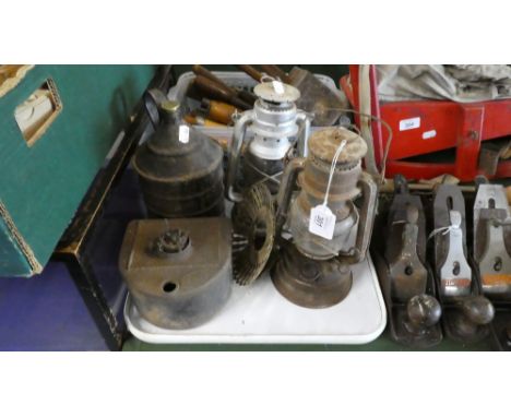Two Vintage Hurricane Lamps, LMS Railway Lamp Base and Oil Can