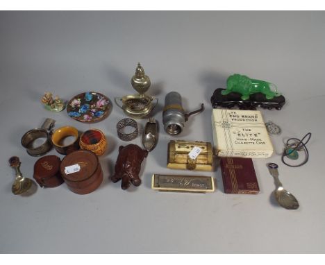 A Tray of Curios to Include Pendants, Tea Caddy Spoons, Clockwork Torch, Harmonica, Stud Boxes Etc