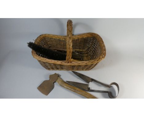 A Wicker Basket Containing Axe, Sheep Shearers Etc  