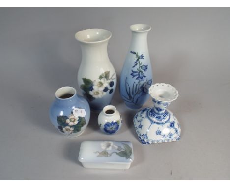 A Collection of Four Royal Copenhagen Vases of Various Sizes together with A Rectangular Box and A Blue and White Candlestick