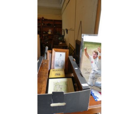 A Box Containing Various Cricket Ephemera to Include Wisden Anthology, Framed Prints, Len Hutton Bat, Miniature Signed Bat, A