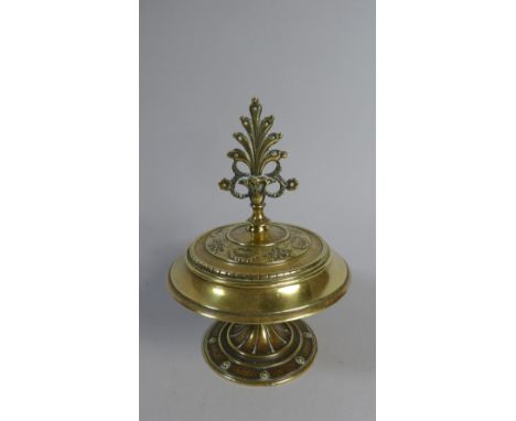 A Brass Lidded Shallow Dish with Pierced Finial, 17 cm High
