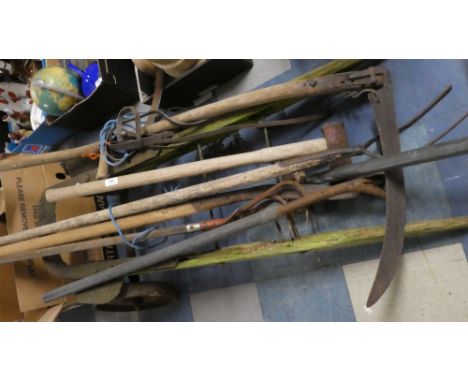 A Vintage Pickering of Bridgnorth Sack Truck and Collection of Tools to Include Scythes, Log Splitter Etc   