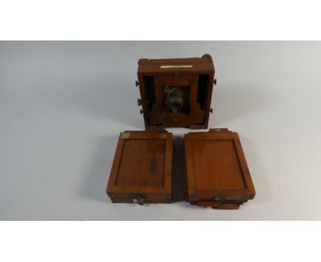 A Collection of Parts from a Lancaster and Son Plate Camera to Include Lens Bellows and Four Plates 