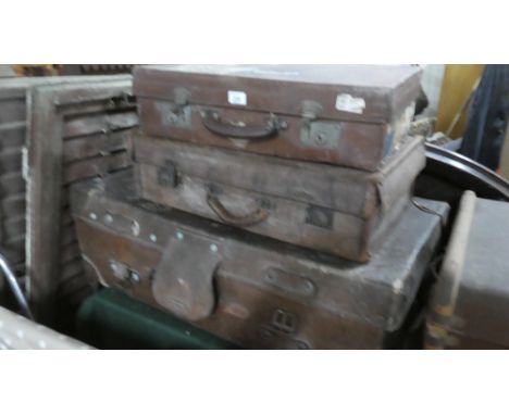 A Collection of Three Vintage Leather Suitcases with Pacific Line and Hotel Paper Labels Etc
