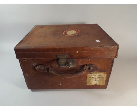 A Vintage Leather Travelling Case with Railway Label, 42 cm Wide