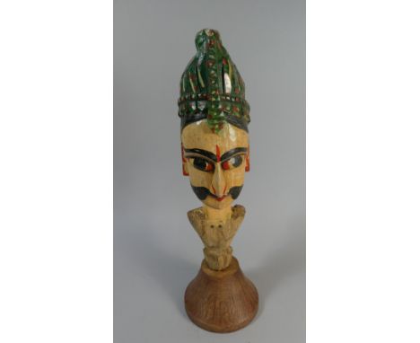 An Indian Painted Puppet Head In Carved Wooden On Later Turned Stand, 42 cm High