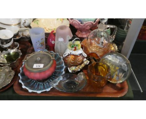 A Tray of Coloured Glassware to Include Italian Clown, Carnival Glass Bowls, Lamp Shade Etc
