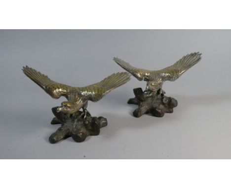 A Pair of Silver Plated Eagles with Wings Outstretched Mounted on Bronze Naturalistic Bases, Each 12cm High 