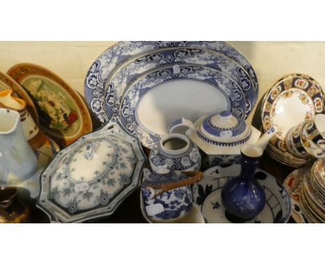 A Tray of Blue and White China to Include Three Graduated Meat Dishes, Teapot, Ginger Jar, Vase Etc