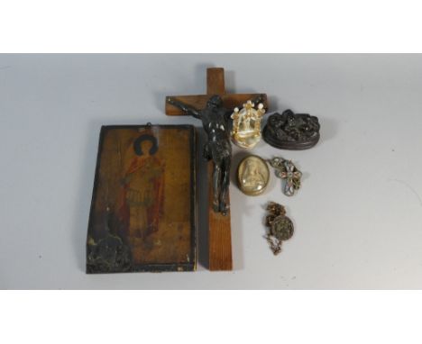 A Collection of Religious Items to Include Wall Hanging Crucifix with Bronze Corpus Christy, Enamelled Crucifix Necklace, Ico