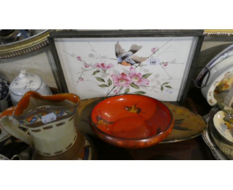 A Two Handled Metal Framed Ceramic Tray, Myott 1950's Jug, Shelley Exotic Bird Bowl and A Fish Plate