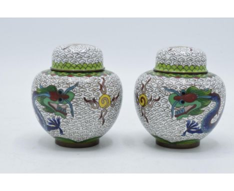 A pair of Japanese cloisonné ginger jars with dragon decoration on a light background, 8.5cm tall (2).  Generally in good cle