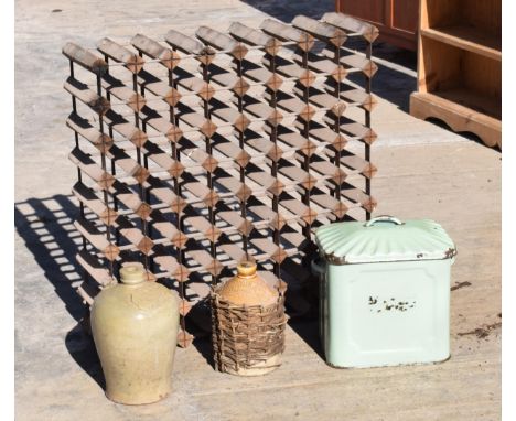 A mixed collection to include vintage enamel bread bin, wine bottle holder 77x77cm and 2 stoneware flagons (both af) (4).  