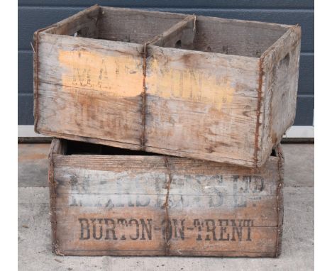 A pair of vintage Marston's of Burton upon Trent wooden beer bottle crates (2) with each holding 24 bottles. 51 x 34 x 25cm. 