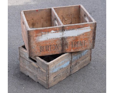 A pair of vintage Marston's of Burton upon Trent wooden beer bottle crates (2) with each holding 24 bottles. 51 x 34 x 25cm. 