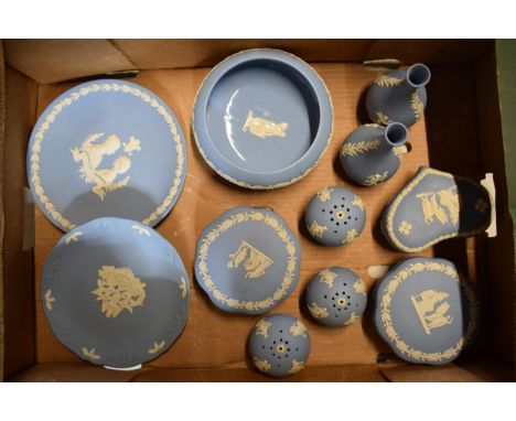 A collection of Wedgwood light blue Jasperware to include trinkets, bud vases, gloss-interior bowl and other items (Qty).  Ge