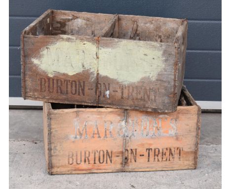 A pair of vintage Marston's of Burton upon Trent wooden beer bottle crates (2) with each holding 24 bottles. 51 x 34 x 25cm. 