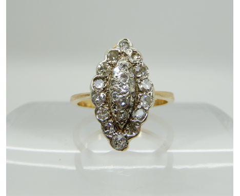 A 9ct gold marquis shaped diamond cluster ring set with estimated approx 0.50cts, size K, weight 3.4gms Condition Report: Ava