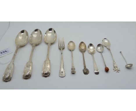 A lot comprising three silver dessert spoons, Sheffield 1938, with six assorted silver spoons and a dessert fork (10), 263gms