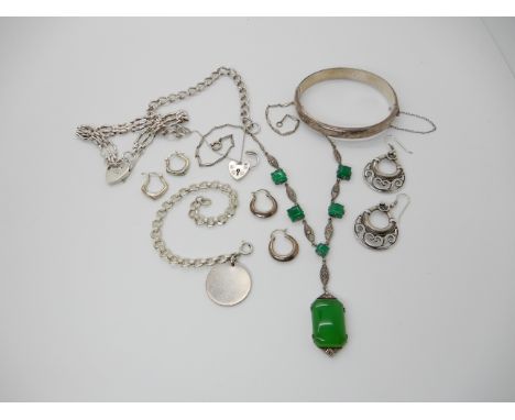 A German silver green agate and marcasite necklace, silver bangle Ola Gorie earrings etc Condition Report: Not available for 