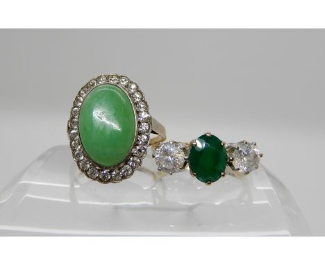 A 9ct gold green hardstone and clear gem set ring, approx size of hardstone 14mm x 9.5mm x 3.6mm, ring size approx L - M, tog