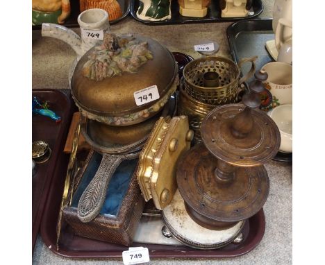 An Indian white metal hand mirror, double brass frame, bobbin stand etc Condition Report: Available upon request