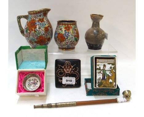 A cloisonne vase and jug, cigarette case, opium pipe and other items (7) Condition Report: Available upon request