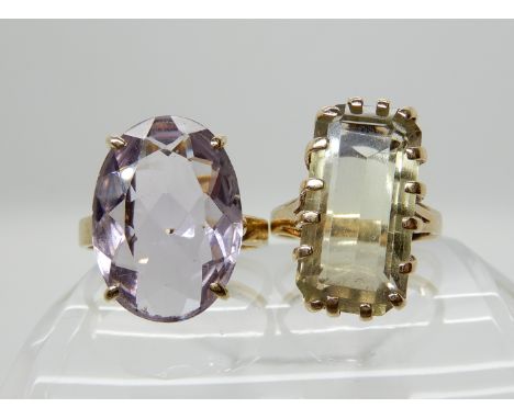 A 9ct gold smoky quartz ring size K1/2 and a 9ct amethyst ring size P, weight combined 9.9gms Condition Report: Available upo