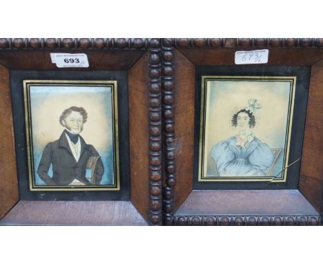 ENGLISH SCHOOL Thomas Hitchcock and Elizabeth Hitchcock, half length portrait, watercolour, circa, 1833, 13 x 10.5cm (2) Cond
