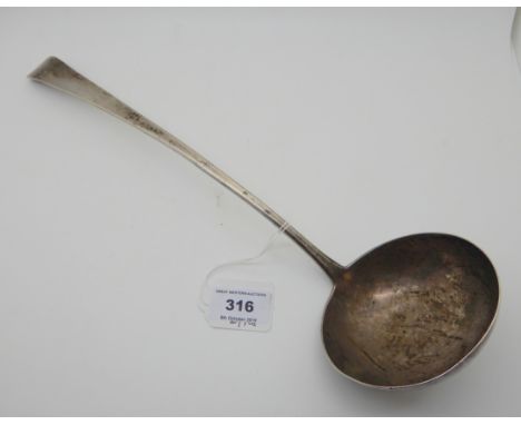 An Irish silver soup ladle, possibly by John Bayly, Dublin 1802, 35cm long, 196gms Condition Report: Available upon request