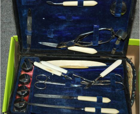 A vintage leather briefcase, silver snuff box, various rules, button hooks etc Condition Report: Available upon request