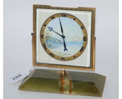An onyx eight-day mantle clock with pictorial dial, 14cm high Condition Report: Available upon request