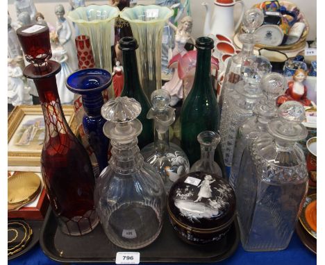 Assorted antique glassware including a pair of vaseline vases, a pair of green bottles, Georgian decanter with cut decoration