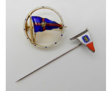 A 9ct nautical brooch with enamelled flag detail, signed Benzie of Cowes (Isle of Wight) diameter 2.5cm, weight 5.1gms, toget