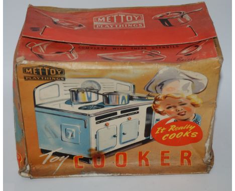 A Mettoy cooker in original box, Codeg toy till, Vulcan child's sewing machine, Pelham puppet etc Condition Report: Available