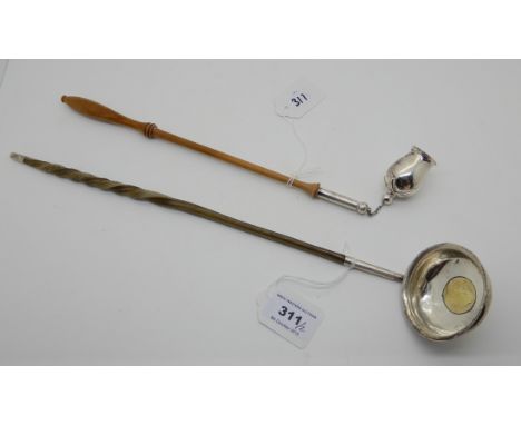 A toddy ladle with coin set bowl, 37cm long with a white metal candle snuffer, 28cm long (2) Condition Report: Available upon