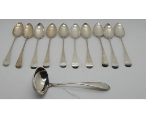 A set of ten silver dessert spoons with matching sauce ladle by John Langlands II, Newcastle circa 1800, each monogrammed AHS