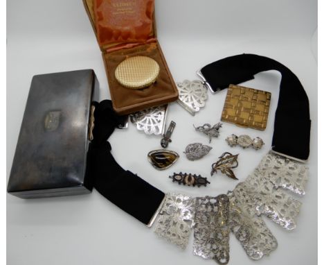 A Revlon compact designed by Van Cleef &amp; Arpels, an EPNS belt and box and a collection of silver and costume jewellery Co