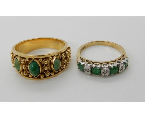 A bright yellow metal ring with continental hallmarks, set with turquoise, size Q, weight 6.3gms and a 9ct gold emerald and d