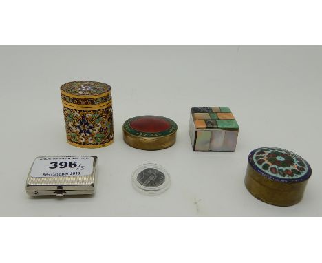 A lot comprising four metal and enamel pill boxes and one white metal box (5) Condition Report: Available upon request