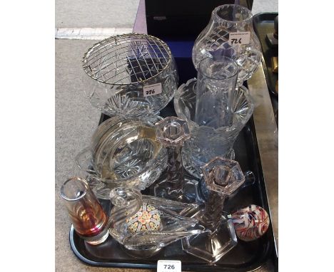 A Strathearn clear glass dish, a cut glass hurricane lamp, paperweights etc Condition Report: Available upon request