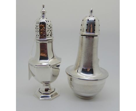A silver sugar castor, maker's marks JC Limited, Birmingham 1935, with engine turned decoration, 16cm high with another casto