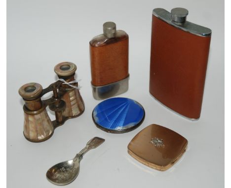 A box of miscellaneous including enamel compact (def), opera glasses hip flasks etc Condition Report: Available upon request