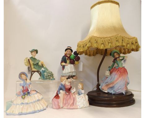 Five Royal Doulton figures comprising The Bedtime Story, Balloon Girl, Daydreams and Ascot the fifth figure mounted on wooden