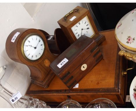 An antique inlaid box, two clocks, a pipe rack and another box Condition Report: Available upon request