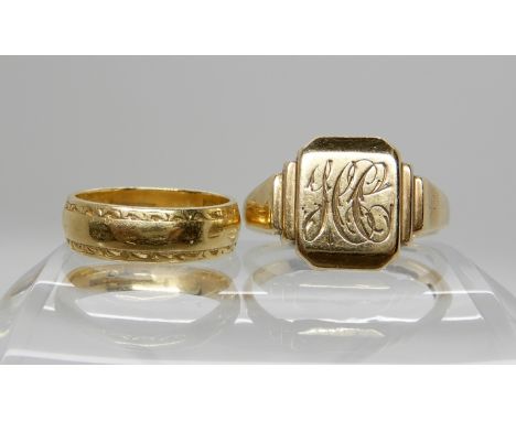 A 9ct gold signet ring, size S1/2, weight 4.9gms, together with an 18ct gold engraved pattern wedding ring size K, weight 4.7