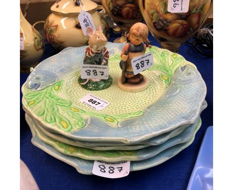 Five Melba Ware fish plates, Royal Doulton Wilfred Toadflax and a Hummel figure Condition Report: Available upon request