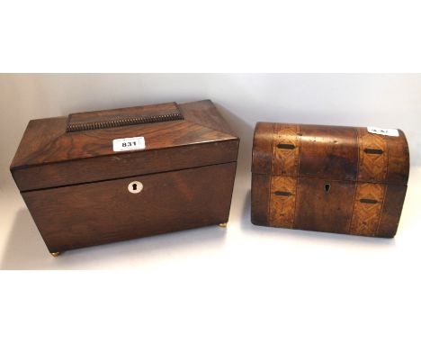A Victorian rosewood tea caddy together with a domed top Tunbridgware tea caddy Condition Report: Available upon request