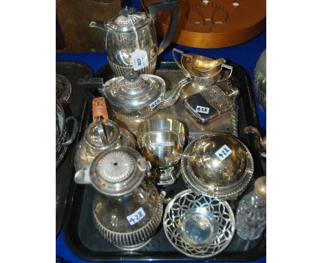 A tray lot of EP - tea service, spirit flask, sugar scuttle etc Condition Report: Available upon request